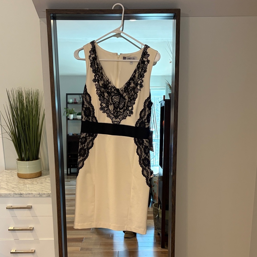 Jennifer Lopez Black and Cream Lace Midi Dress